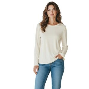 Ralph Lauren Women Cream Ribbed Long Sleeve Quilted Shoulder Gold Zipper Detail